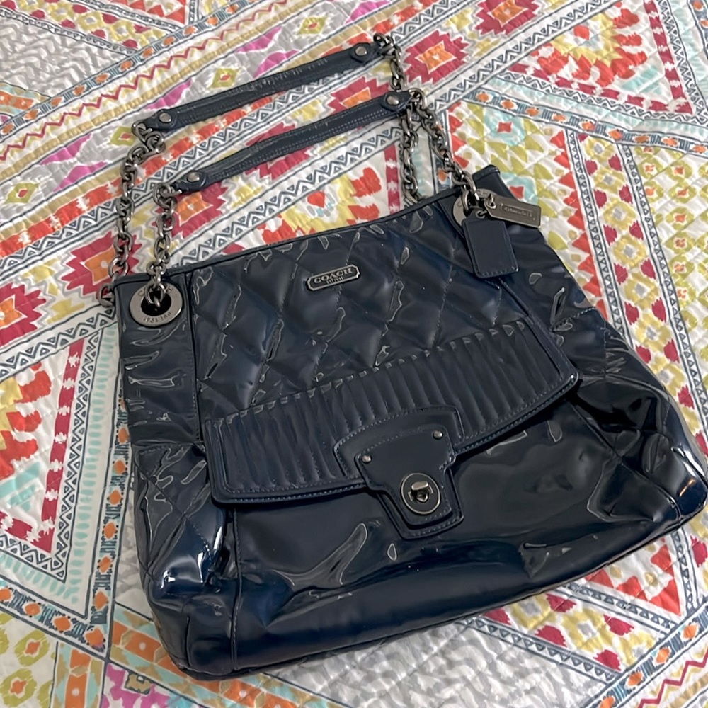 Authentic Coach Quilted Navy Blue Patent Leather Tote in Good Condition
